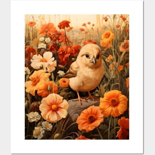 Retro Vintage Art Style Baby Chick in Field of Wild Flowers - Whimsical Farm Posters and Art